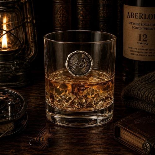 A heavy-based glass whisky tumbler filled with amber single malt scotch and ice cubes, featuring a round pewter emblem styled like a vintage wax seal with the number 18 inside