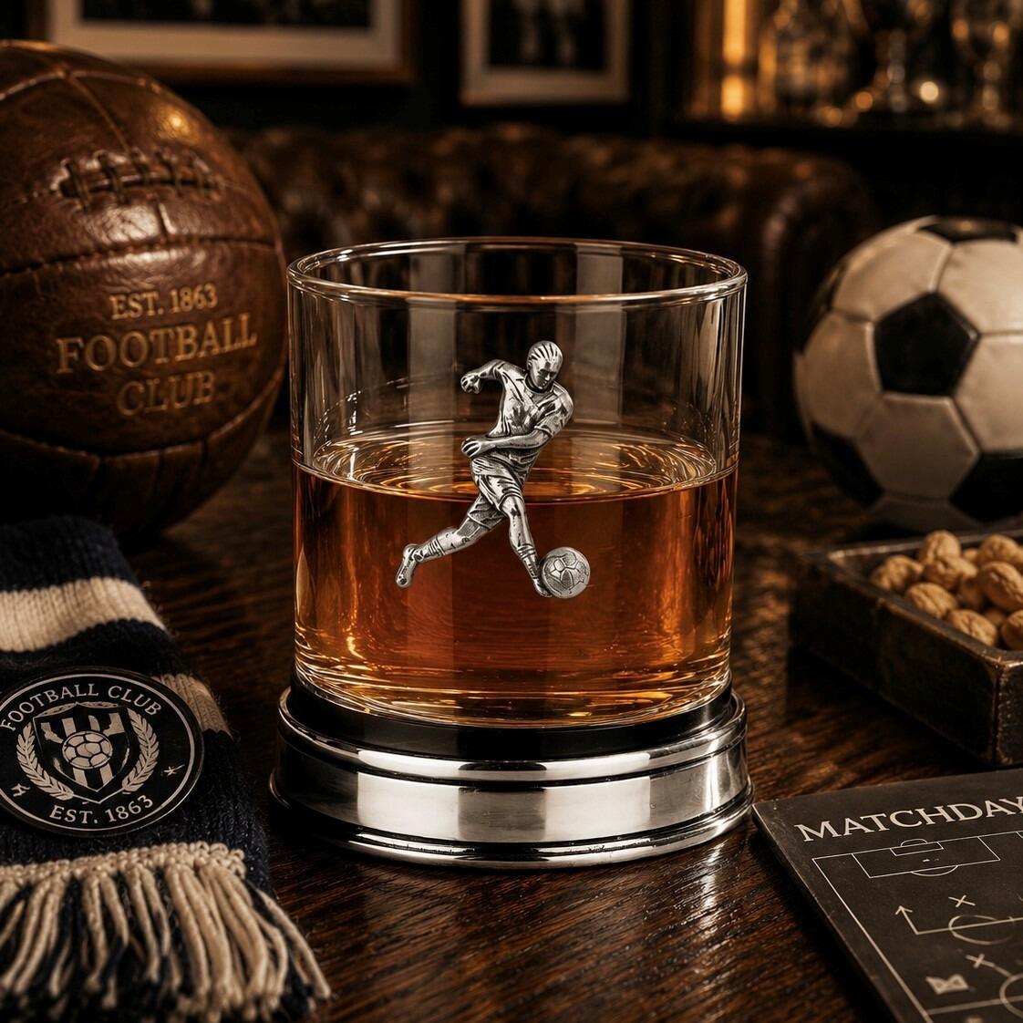 Whisky tumbler with pewter footballer emblem and polished base, partially filled with amber liquid