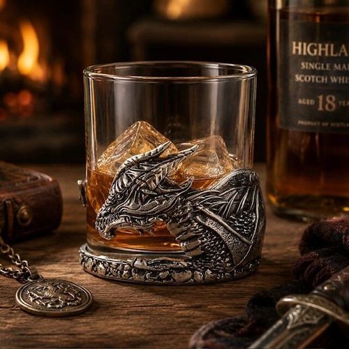 A lowball glass whisky tumbler filled with amber spirits and ice cubes, nestled in a dramatic, sculpted pewter holder. The front of the holder features a detailed, high-relief profile of a mythical dragon's head with sharp horns and a scaled neck, extending back into a leathery, textured wing that wraps around the side of the glass