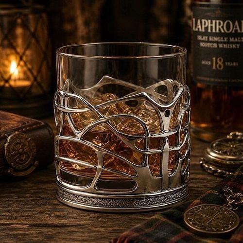 A lowball glass whisky tumbler filled with amber spirits and ice cubes, nestled in an abstract, openwork pewter holder. The holder features a stylized tree or branching design with clean, flowing lines reminiscent of the Art Nouveau style, with a small enamel dot detail at a prominent intersection