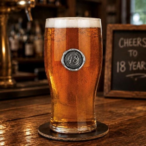 A straight pint beer glass filled with golden ale and a white head, featuring a circular pewter badge stamped with the number 18 inside a laurel wreath