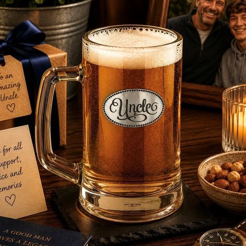 A Beer Tankard with a Pewter Uncle badge on the front, filled with Amber Beer