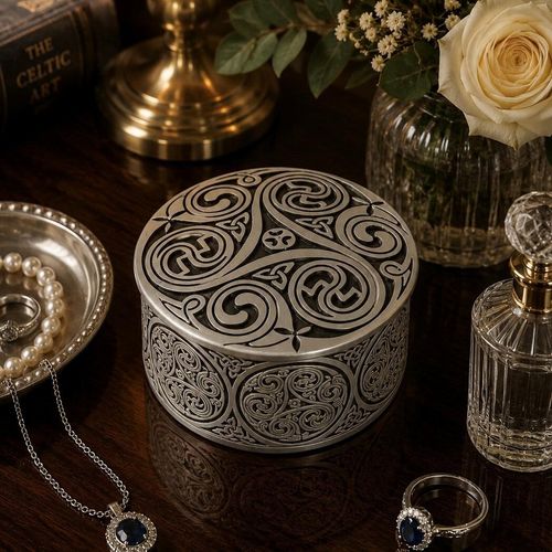 Round pewter trinket box featuring a Celtic triskele triple spiral design and intricate side engraving