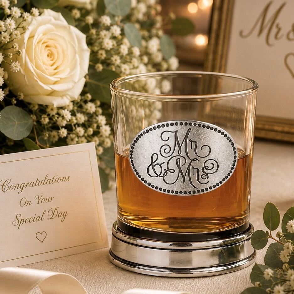 Whisky tumbler with pewter 'Mr & Mrs' badge and polished base, partially filled with amber liquid