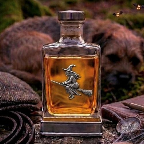 A glass flask with a pewter base and a handcrafted pewter witch emblem on the front