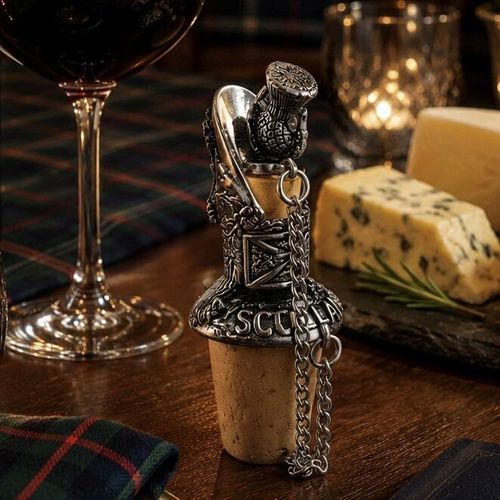 Pewter wine pourer and cork stopper featuring a sculpted Scottish thistle, a Saltire flag emblem, and an engraved Scotland banner, displayed on a wooden table beside a glass of red wine, cheese, and a tartan cloth