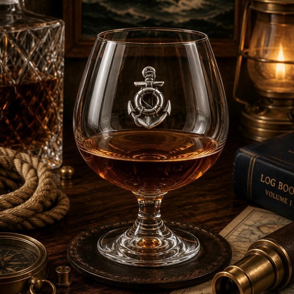 Brandy Glass with a Pewter badge on the front