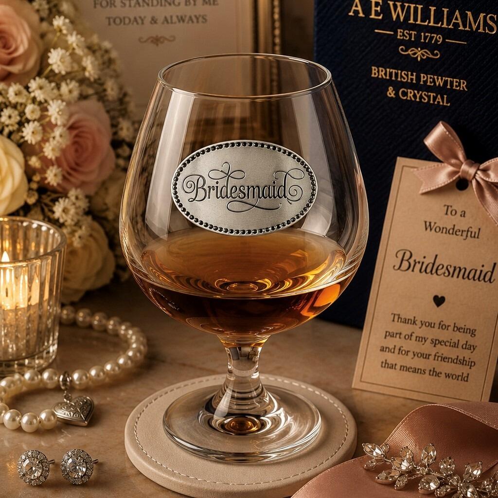 Crystal brandy snifter with pewter "Bridesmaid" badge, partially filled with amber liquid