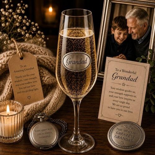 Champagne glass with a central pewter oval emblem engraved with Grandad, filled with sparkling wine