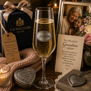 A Champagne Flute with a Pewter Grandma badge on the front, filled with Champagne