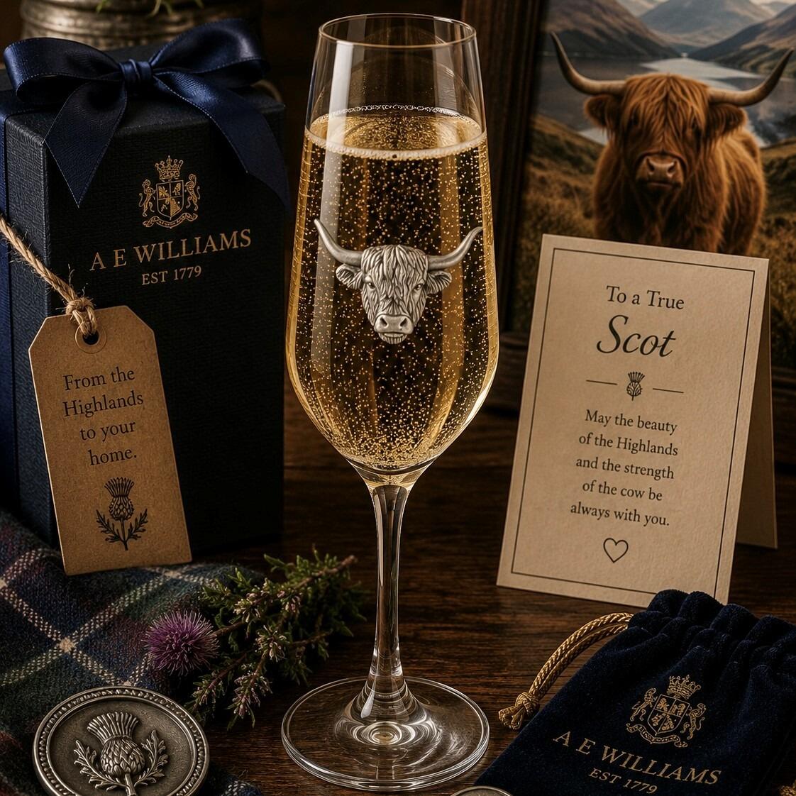 A Champagne Flute with a Pewter Highland Cow badge on the front, filled with Champagne