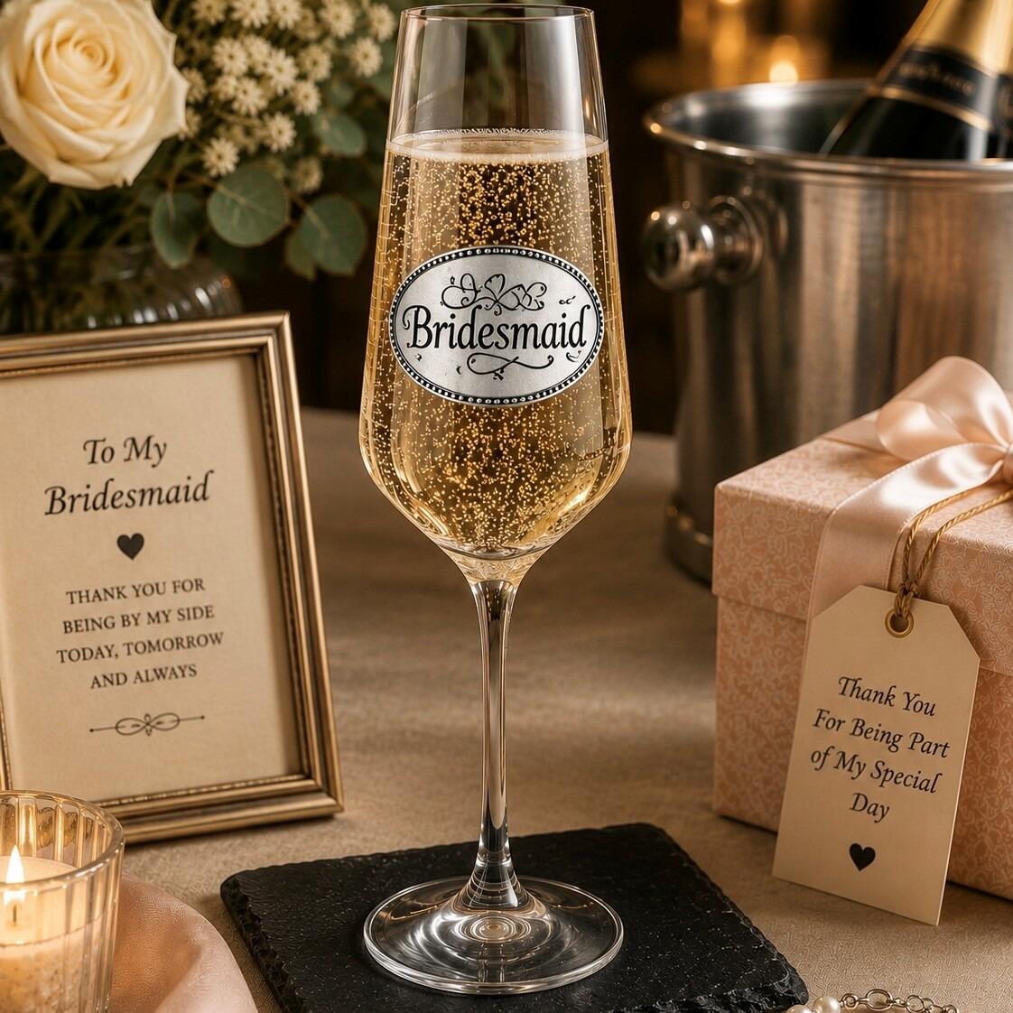 A clear champagne flute glass filled with bubbling champagne, featuring an oval pewter emblem engraved with 'Bridesmaid' in elegant script lettering