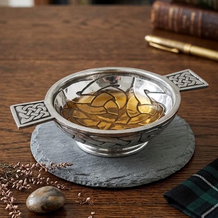 Traditional pewter quaich bowl filled with whiskey, featuring rectangular handles and an interior base decorated with Celtic knotwork patterns, displayed on a round slate mat with a tartan cloth