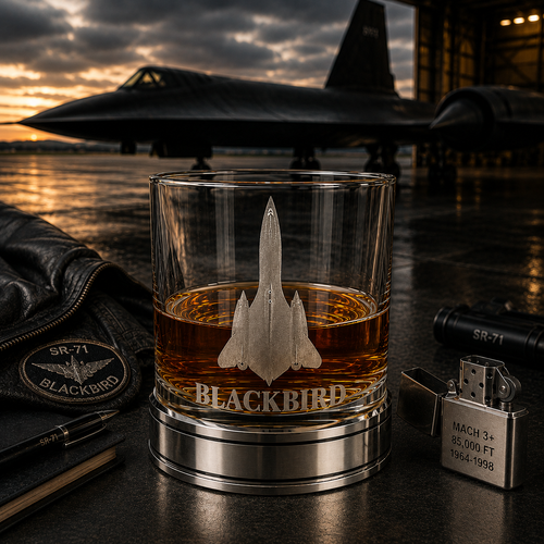 Handcrafted pewter Lockheed SR-71 Blackbird whisky tumbler filled with Scotch whisky on a polished pewter base, displayed in a dramatic aircraft hangar with the iconic Blackbird in the background, luxury British made aviation whisky glass gift