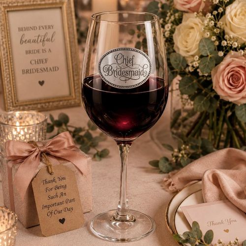 Wine glass with handcrafted pewter Chief Bridesmaid badge filled with red wine
