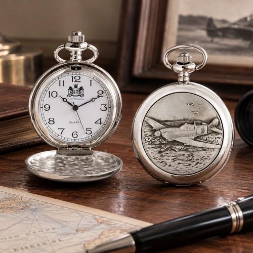 Pewter fronted quartz pocket watches, one showing a open white dial with Arabic numerals and the other displaying a closed casing embossed with a Hawker Hurricane aircraft, set on a wooden desk beside a vintage map and pen.`