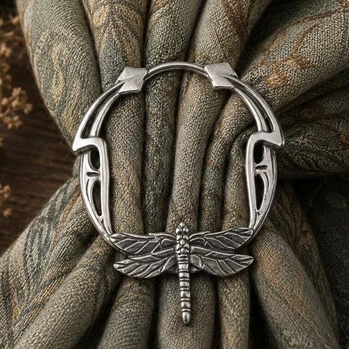 Art Nouveau inspired pewter scarf ring featuring an intricate dragonfly design at the base, cinching a patterned olive green fabric scarf