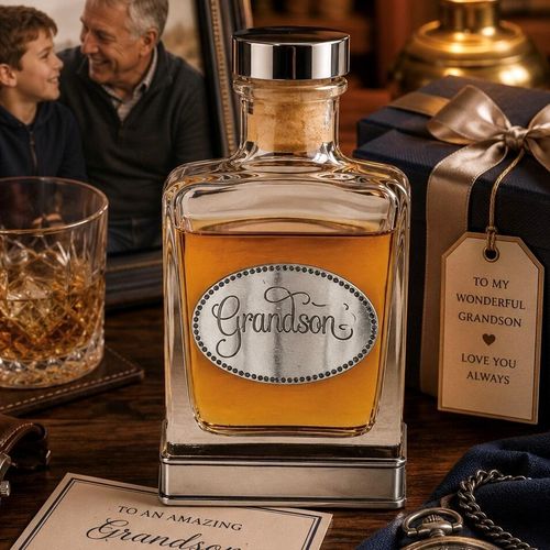 Handcrafted glass hip flask with pewter base featuring detailed grandson emblem on front