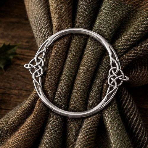 Polished pewter scarf ring with ornate Celtic knotwork ends on a textured green tartan fabric
