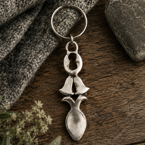 Handcrafted pewter Welsh lovespoon keyring featuring a keyhole cut-out, wedding bells, and a spoon bowl, resting on a rustic wooden background next to grey knit fabric and a smooth stone.