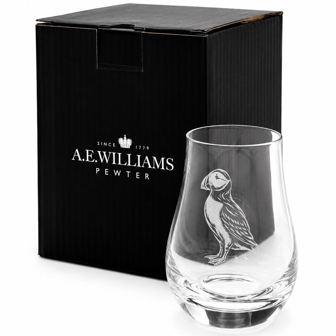 Puffin engraved whisky tasting glass presented beside an A E Williams gift box