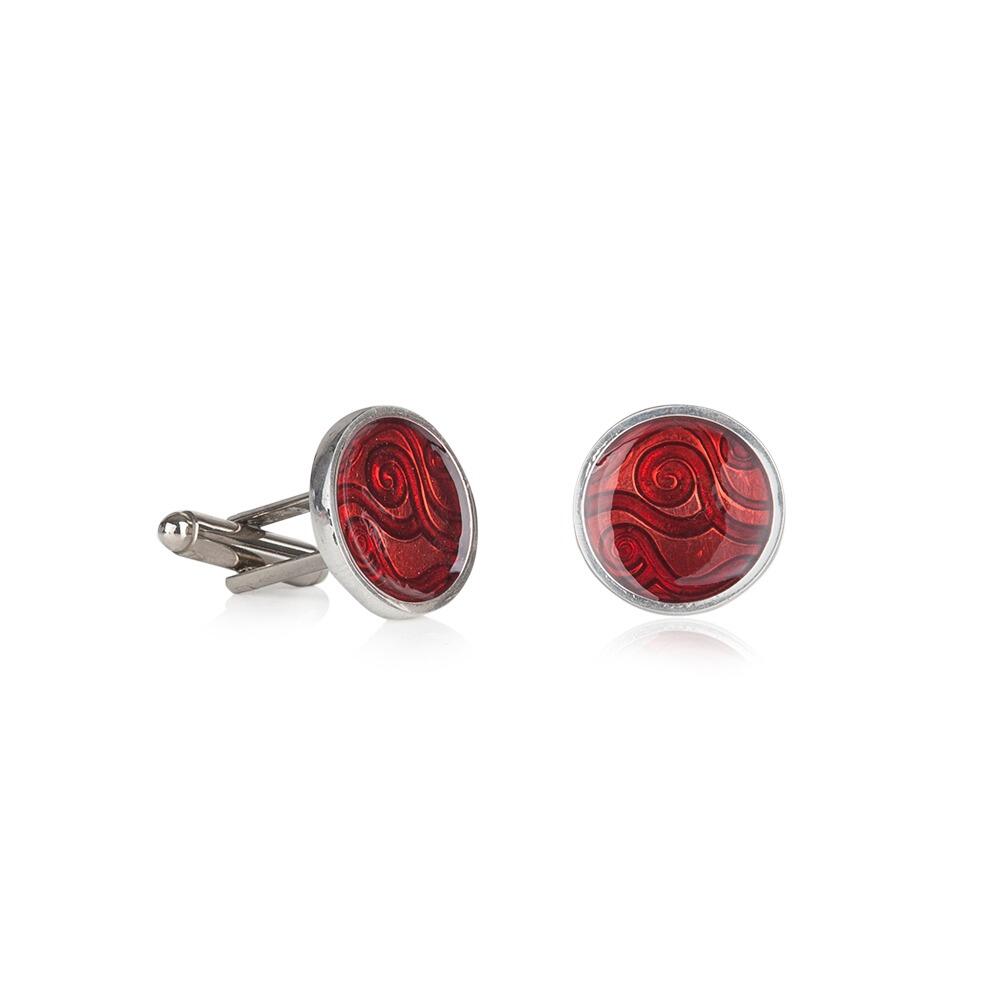 Pair of handmade pewter cufflinks with contemporary red enamelled swirl pattern design