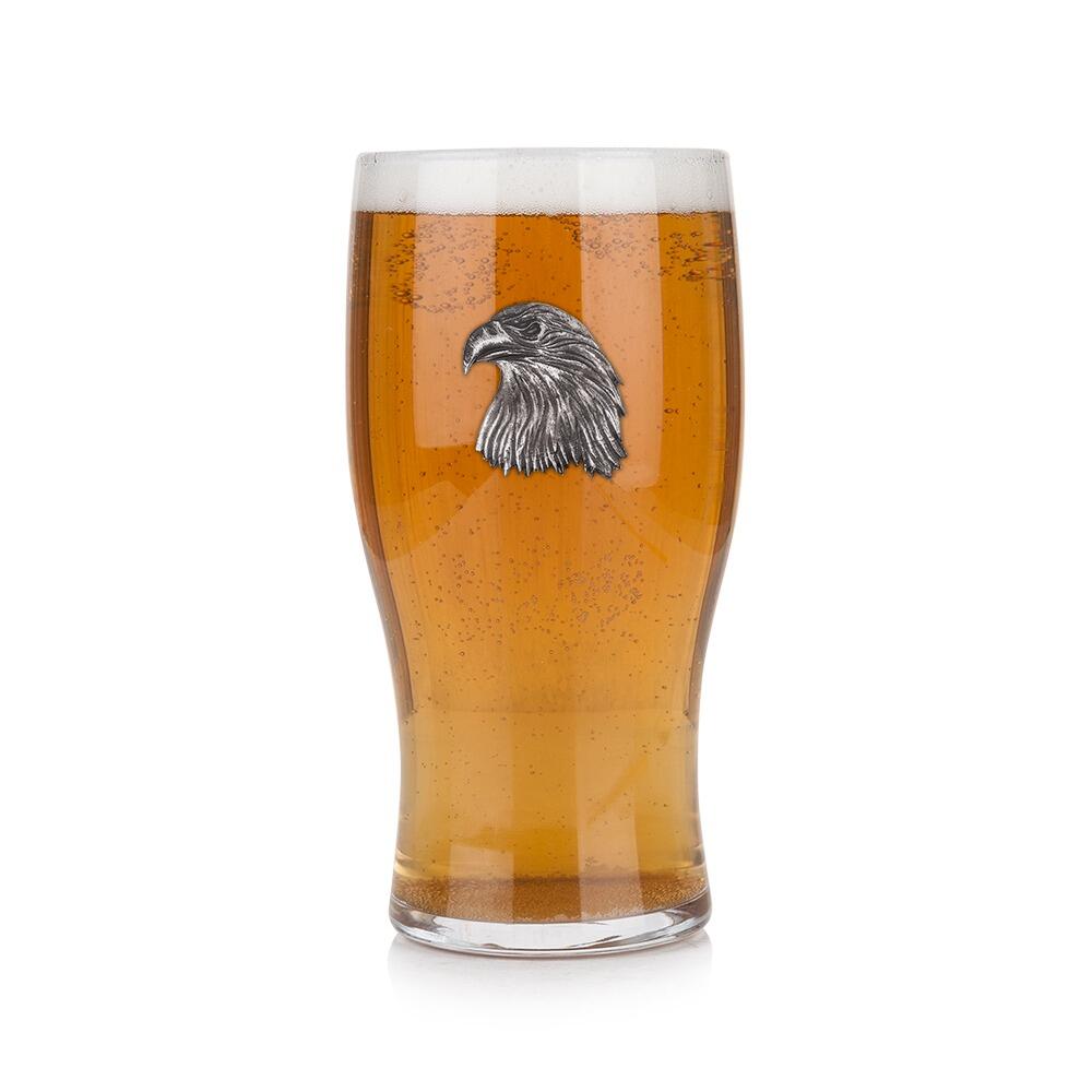 Pint glass with handmade pewter eagle badge featuring spread wings filled with golden beerRetryClaude can make mistakes. Please double-check responses.