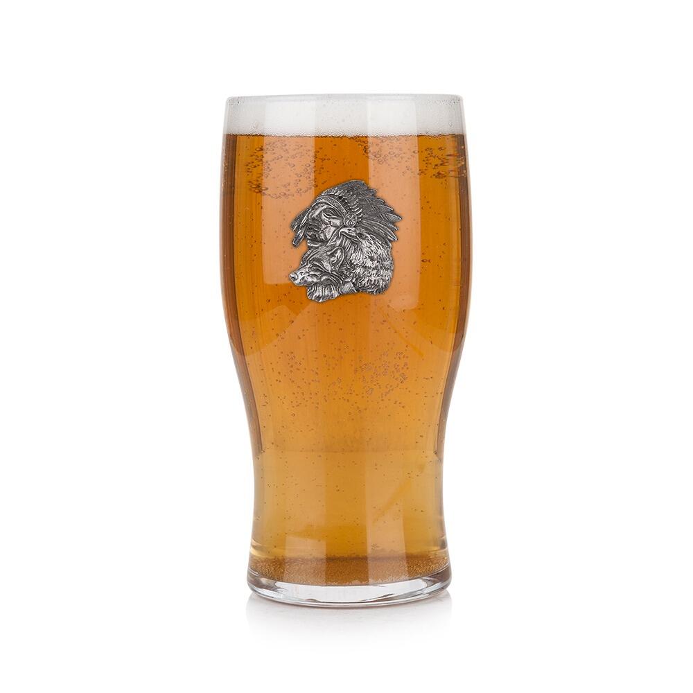 Pint glass with handmade pewter Native American with detailed feathered headdress badge filled with golden beerRetryClaude can make mistakes. Please double-check responses.