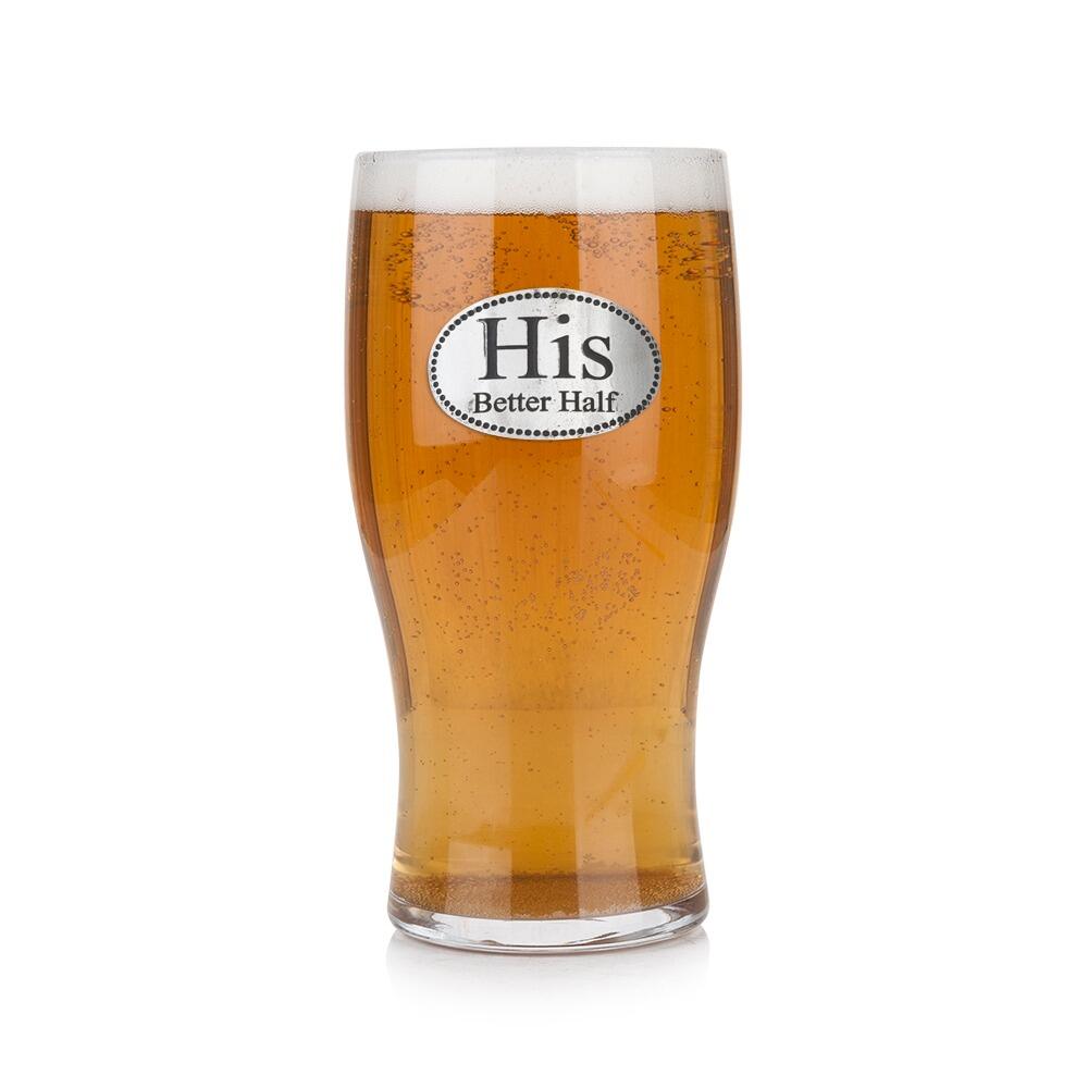 Pint glass with handmade pewter His Better Half elegant typography badge filled with golden beerRetryClaude can make mistakes. Please double-check responses.