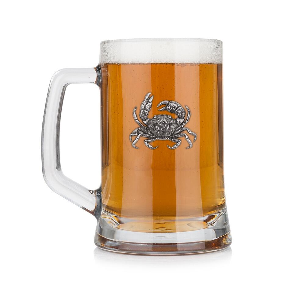 A Beer Tankard with a Pewter Crab badge on the front, filled with Amber BeerRetryClaude can make mistakes. Please double-check responses.