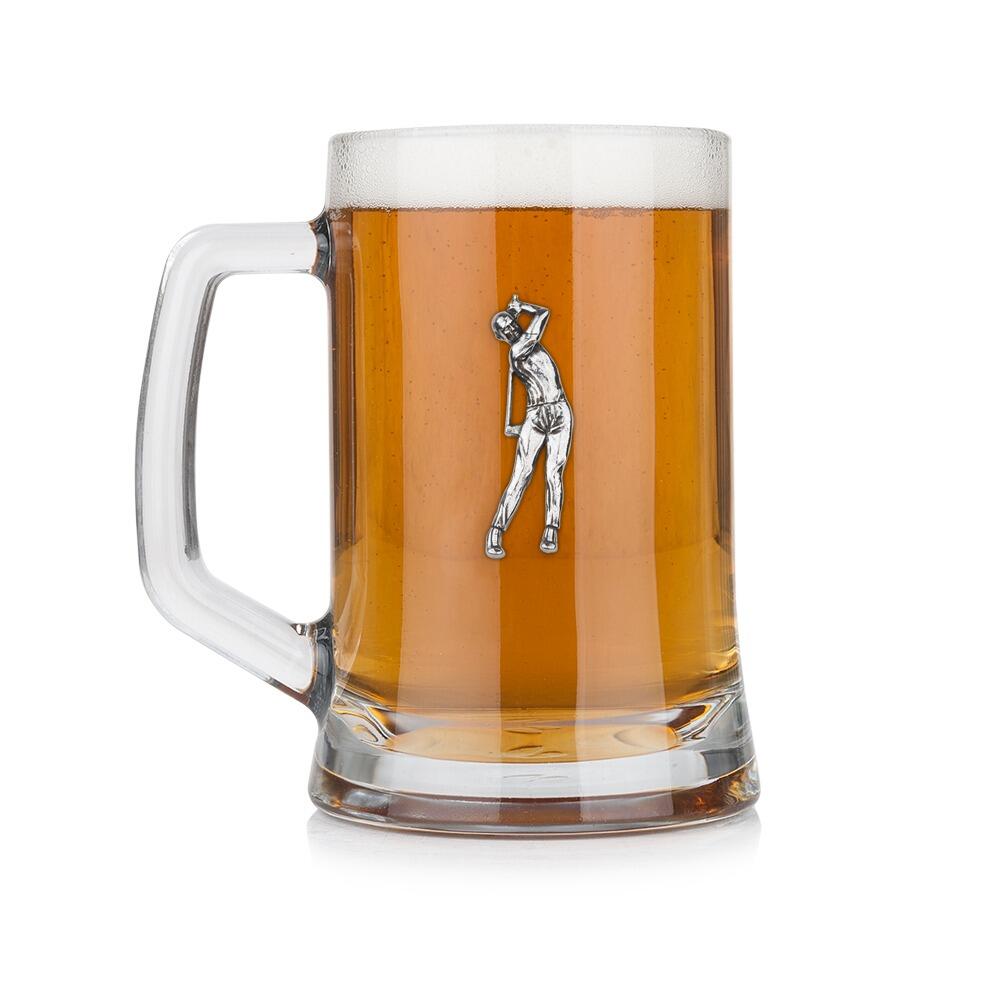 A Beer Tankard with a Pewter Golfing badge on the front, filled with Amber BeerRetryClaude can make mistakes. Please double-check responses.