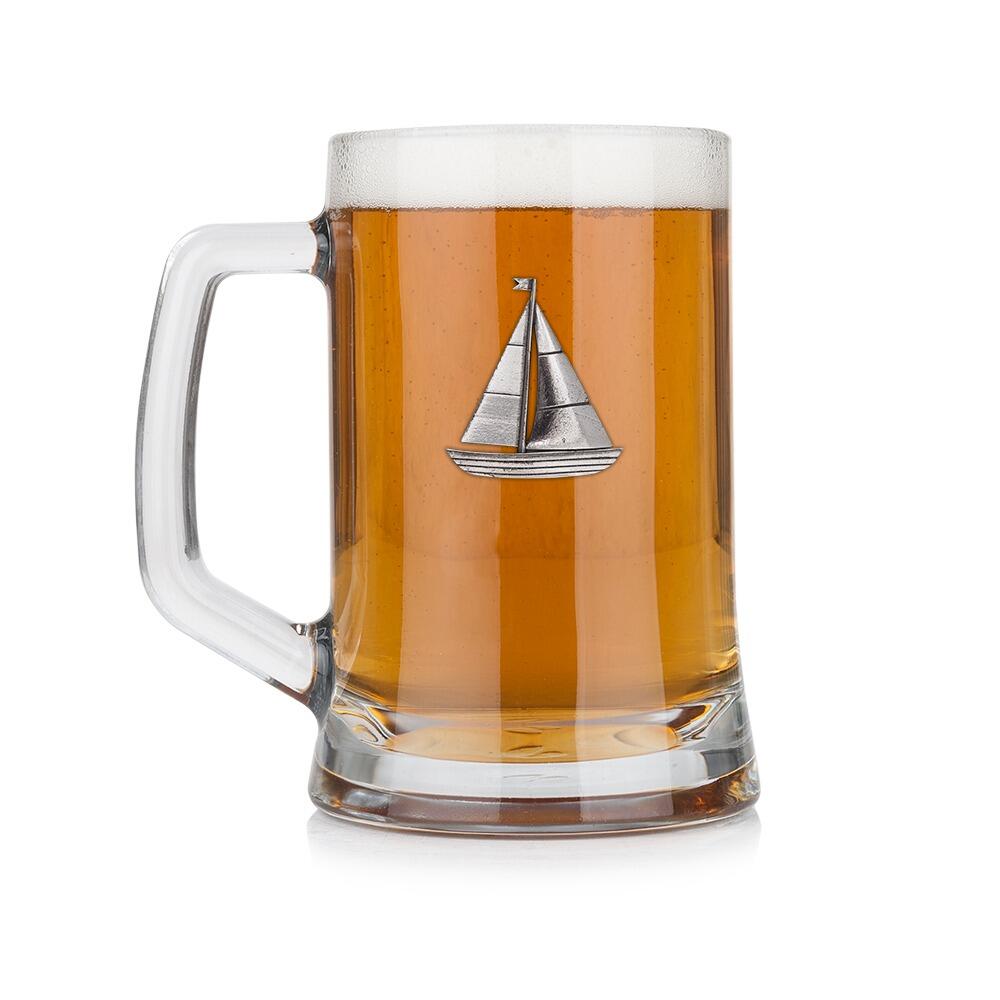 A Beer Tankard with a Pewter Sailing badge on the front, filled with Amber BeerRetryClaude can make mistakes. Please double-check responses.