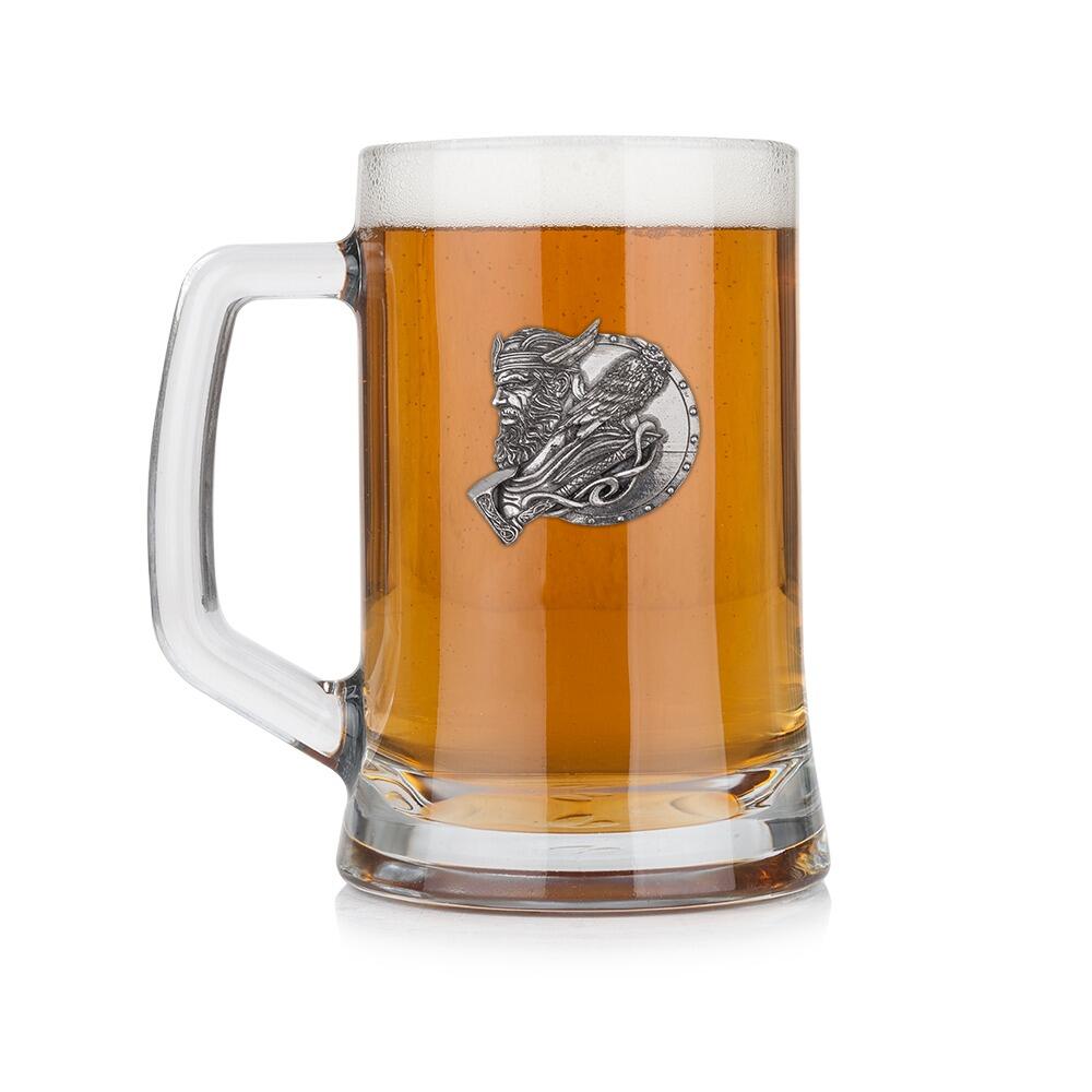 A Beer Tankard with a Pewter Viking badge on the front, filled with Amber BeerRetryClaude can make mistakes. Please double-check responses.