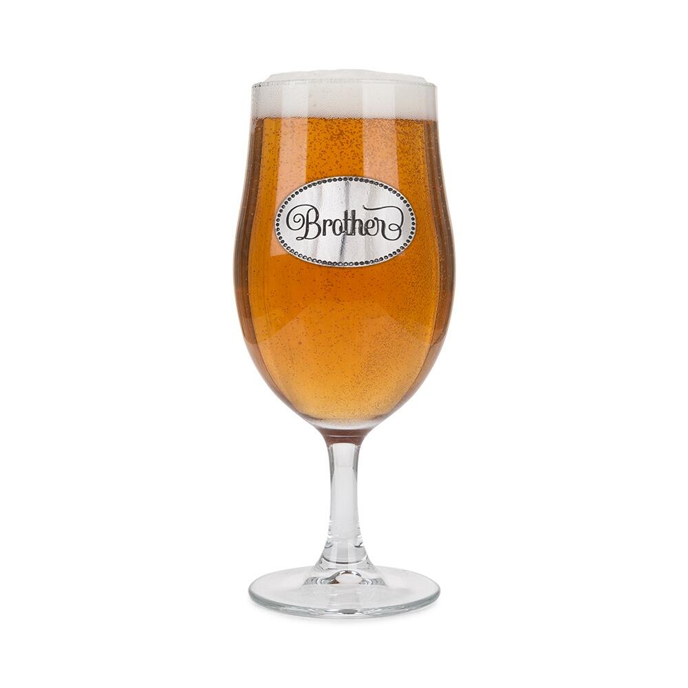A Stemmed Pint Beer Glass with a Pewter Brother badge on the front, filled with Beer