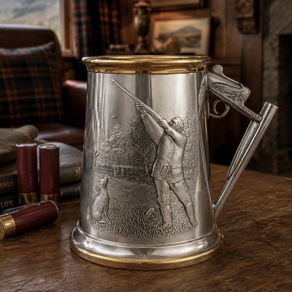 A traditional pewter hunting tankard featuring a detailed embossed relief of a marksman aiming a shotgun upward, with a gundog sitting in the grass beside him. The tankard is accented with brass trim along the rim and base, and features a unique handle shaped like the stock, receiver, and barrels of a shotgun