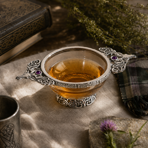 A stag Glass quaich bowl on a table with some whisky inside