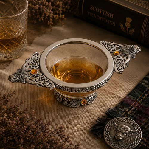 Highland Cow Pewter and Glass Quaich bowl on a table setting filled with whisky