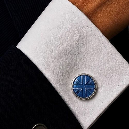 Pewter cufflinks with round blue enamel design