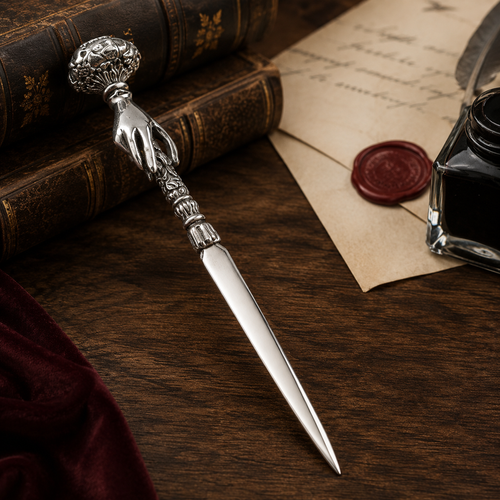 Decorative pewter letter opener with an ornate hand-shaped handle displayed on a vintage writing desk beside antique books, sealed correspondence, and an ink bottle.