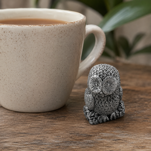 Small handcrafted pewter owl trinket box beside a ceramic coffee mug on a rustic wooden table, showing its miniature 25mm size in a cozy lifestyle setting.