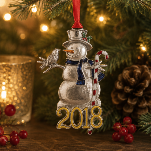 Handcrafted pewter 2018 Christmas ornament featuring a snowman with blue scarf, candy cane walking stick and robin companion, hanging on a festive Christmas tree with warm holiday lights.
