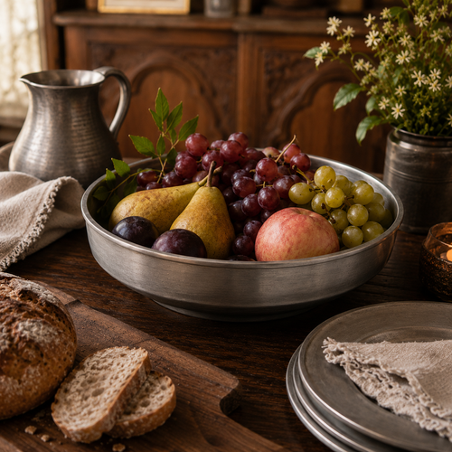Handcrafted pewter Bavarian bowl in antique satin finish filled with fresh grapes, pears, apples and plums on a rustic farmhouse dining table with artisan bread, pewter jug and seasonal flowers