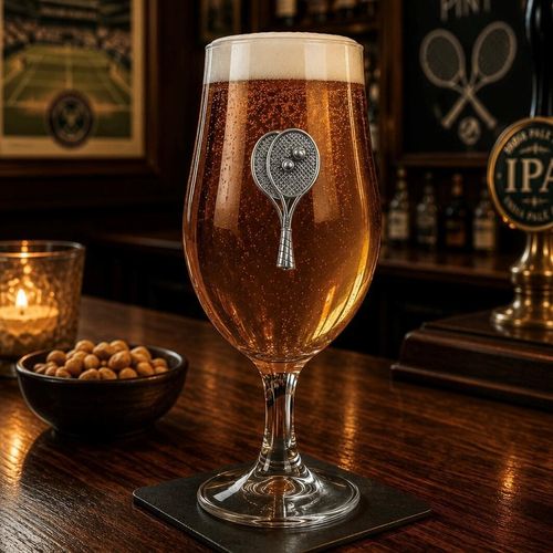 A stemmed beer chalice glass filled with golden ale and a frothy white head, featuring a raised pewter emblem of crossed tennis rackets and tennis balls