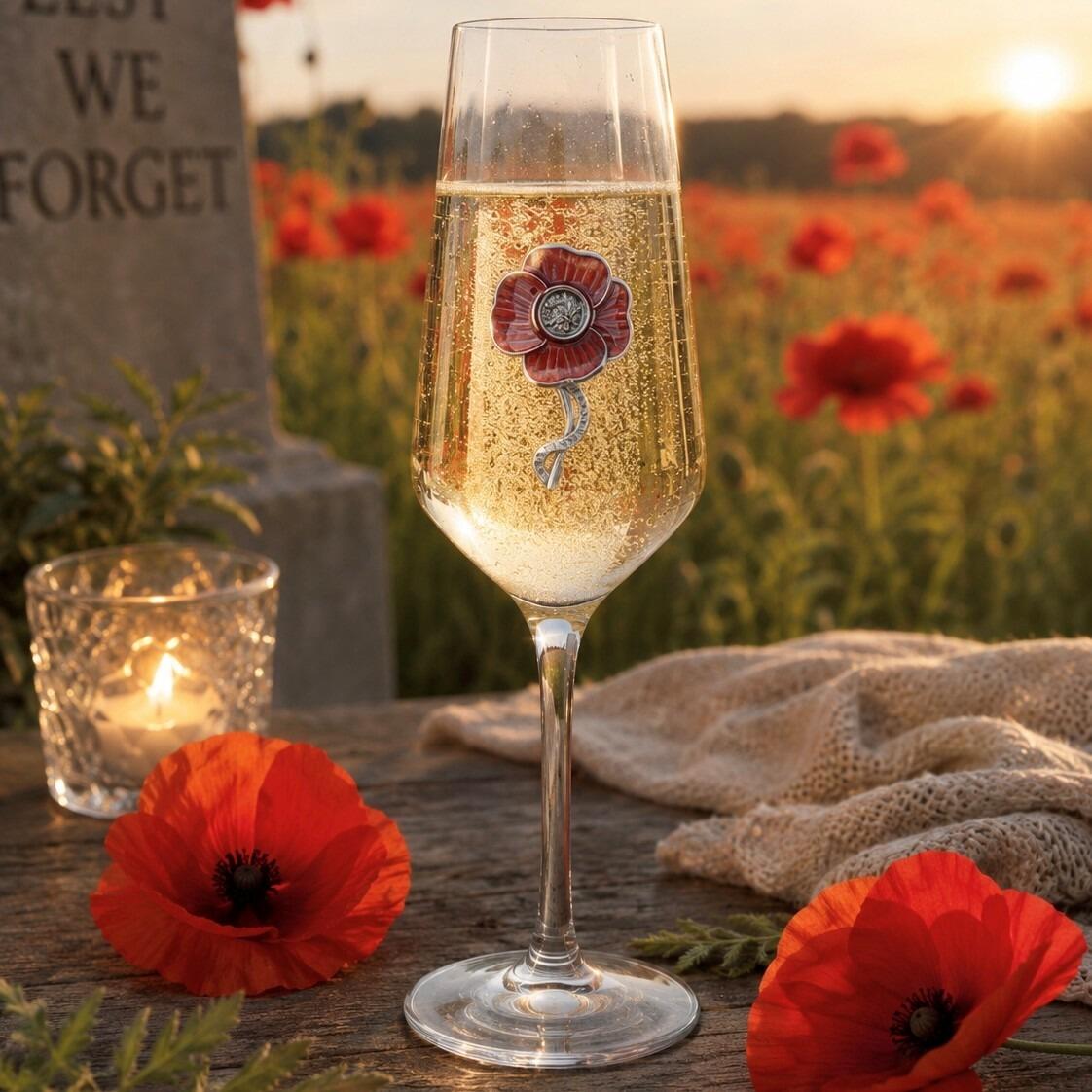 A clear champagne flute glass filled with bubbling champagne, featuring a red enamel and pewter poppy emblem with a textured center