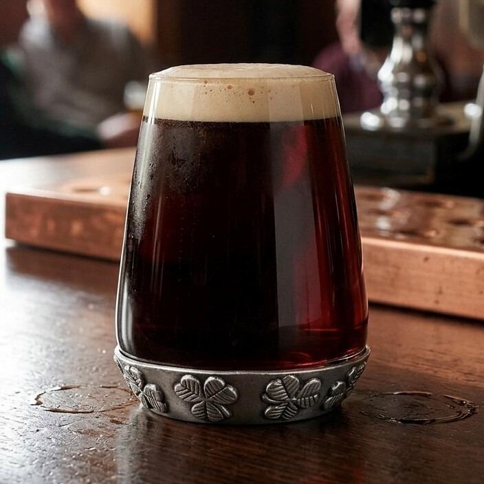 A curved glass drinks tumbler filled with dark stout beer and a thick tan foam head, featuring a heavy pewter base intricately detailed with an embossed repeating shamrock pattern