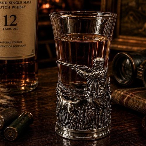 A tall glass shot glass filled with amber-colored liquor, sitting on a dark wooden bar counter. The lower half of the glass is encased in a detailed pewter metal holder featuring a relief-sculpted hunting scene. The scene depicts a hunter in traditional country attire and a flat cap, aiming a shotgun forward while standing in tall reeds, accompanied by a hunting dog running beside him on the left