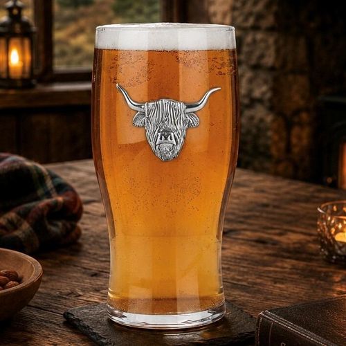 Handmade pewter highland cow beer glass - UK crafted pint glass with Highland Cow badge