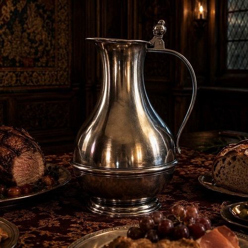 A polished pewter Grecian-style jug with a bulbous body and a flared neck sits at the centre of a candlelit banquet table