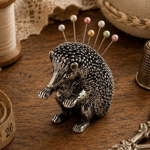 Vintage-style detailed pewter hedgehog pincushion figurine standing upright with several colorful pearl-head pins as quills