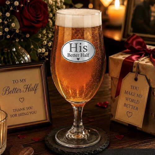 A Stemmed Pint Beer Glass with a Pewter His Better Half badge on the front, filled with Beer